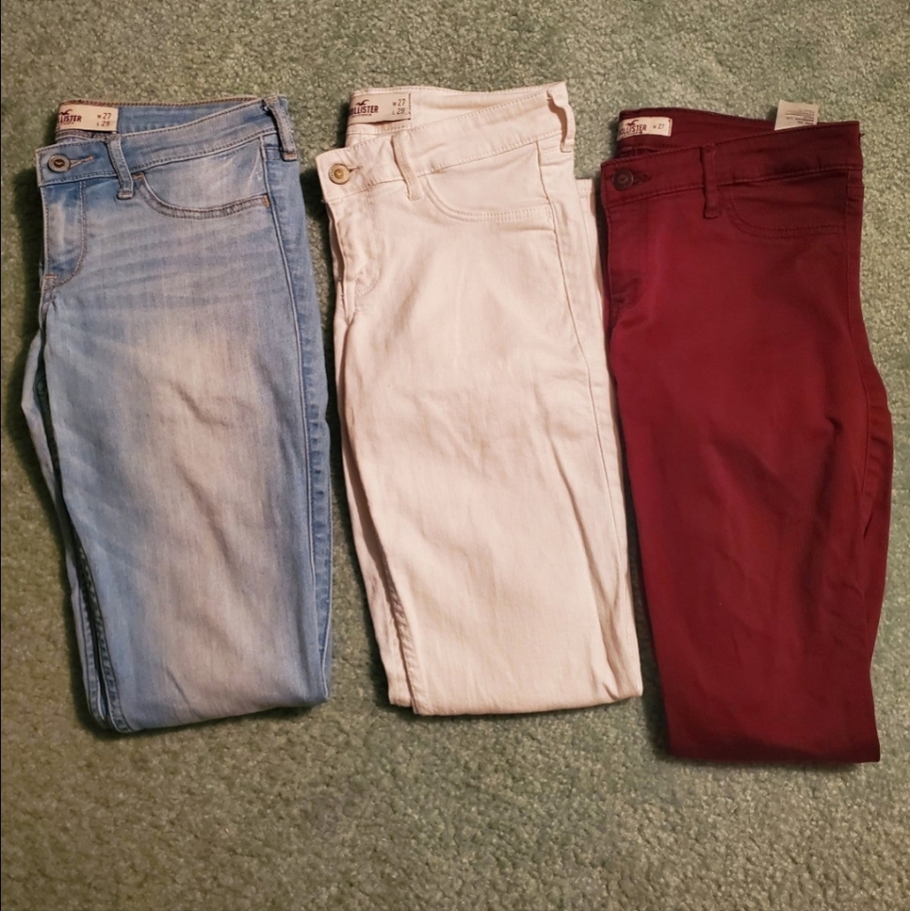 3 pairs Hollister Low Rise Stretchy Skinny Jeans women's 5, Maroon white lt blue